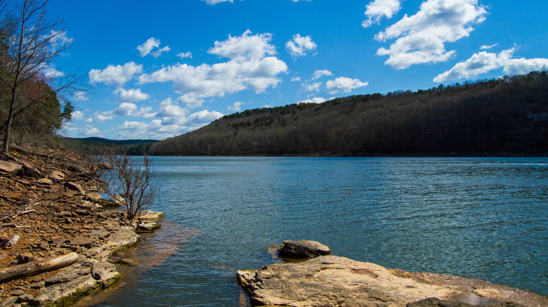 The rocky shoreline and clean water of Greers Ferry Lake near Clinton, Arkansas