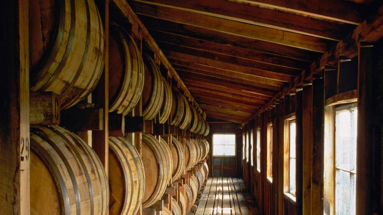 Floor-to-ceiling storage of whiskey barrels at Maker's Mark Distillery in Loretto, Kentucky