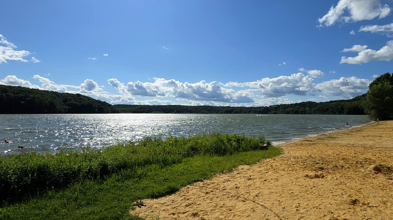 A sunny day at Lake Yellowstone with a sandy beach