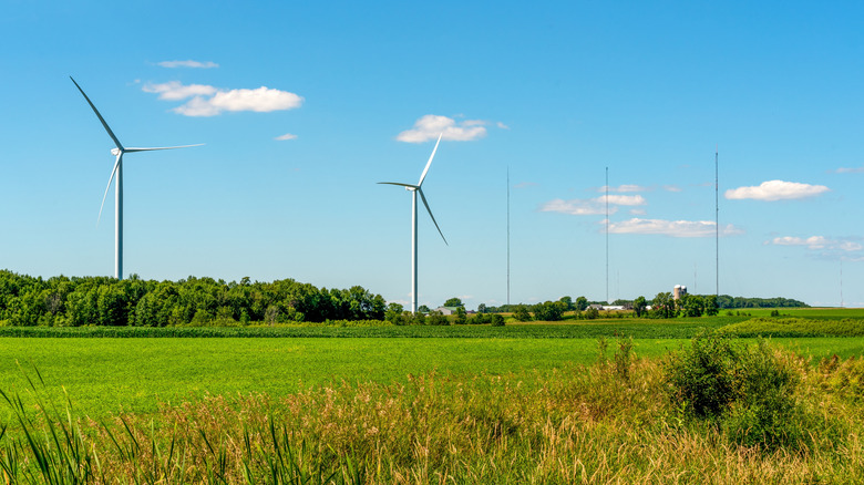 Wind turbines in the farmland of northern Wisconsin on a sunny day