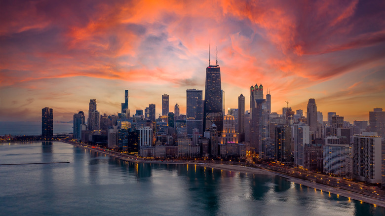 the Chicago skyline from the lake at sunset