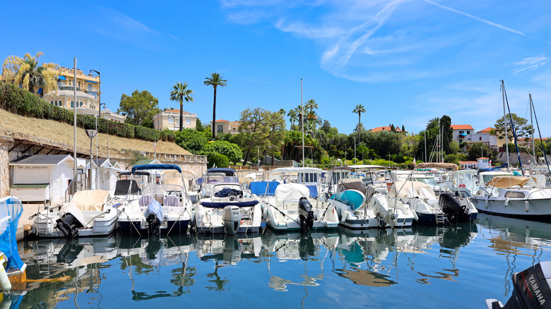 Row of small white boats moored at the pier in Beaulieu-sur-Mer, French Riviera