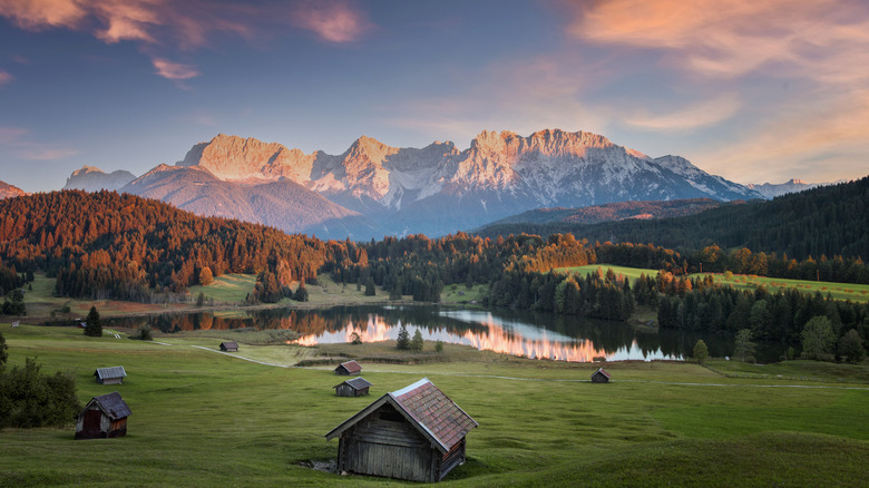 Sunset over the German Alps and meadows