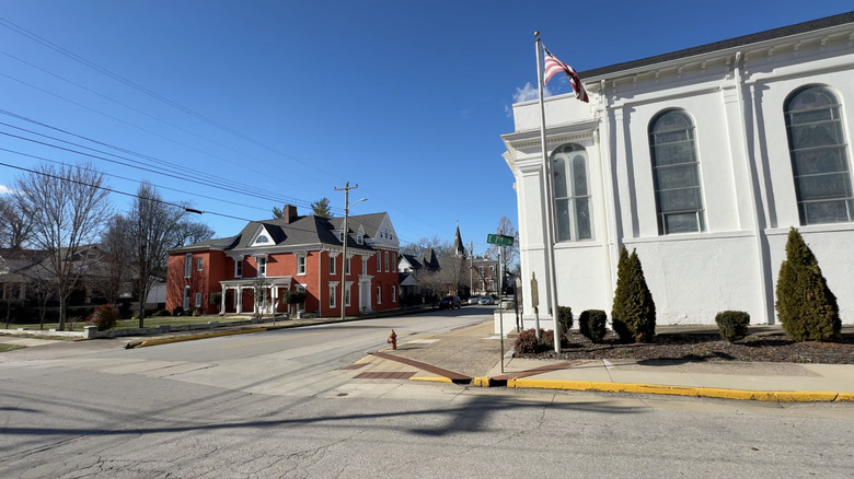 Street corner with historic buildings in Russellville