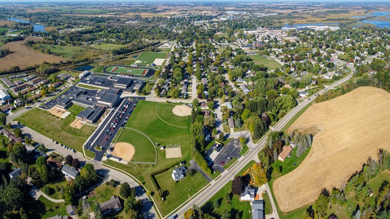 Aerial view of Horicon, Wisconsin, with a sliver of the Rock River top left and marsh to the top right