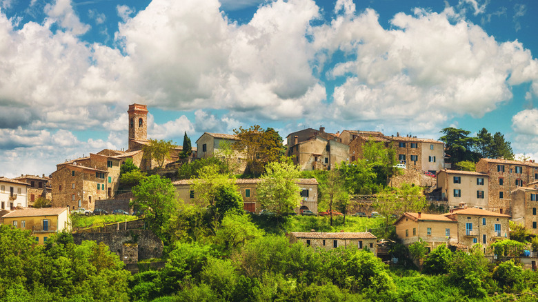 Beige buildings standing amid trees and cloudy sky above in Chiusdino, Italy