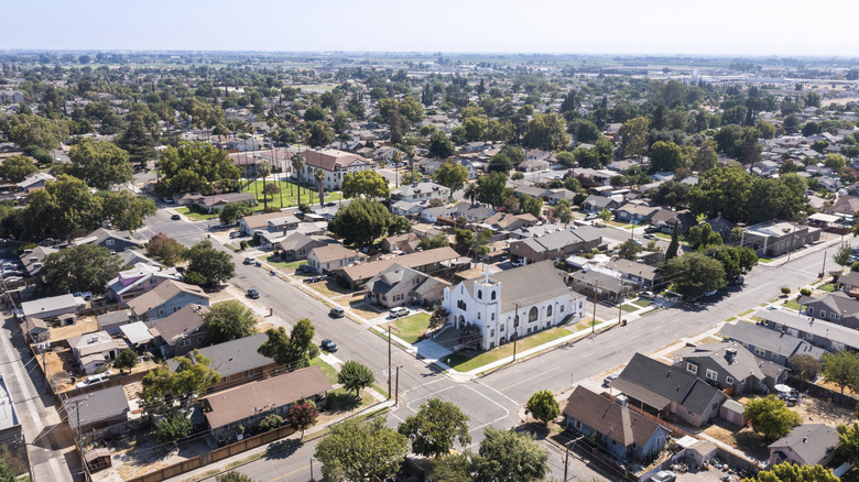 Daytime aerial view of downtown Turlock