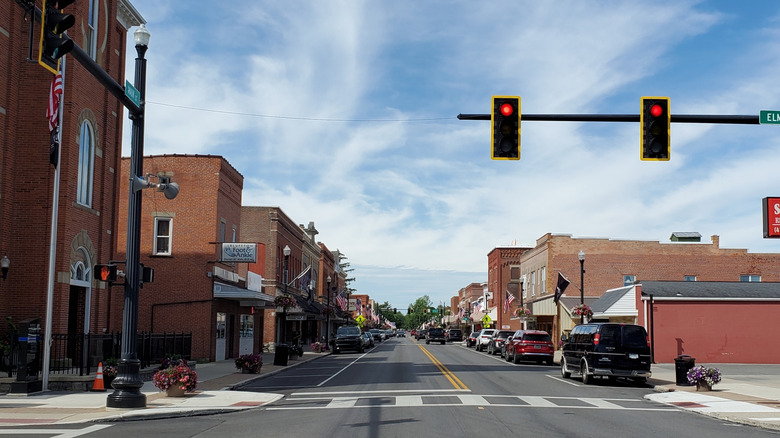 Main street with commercial businesses on both sides of the street in Bluffton, Ohio