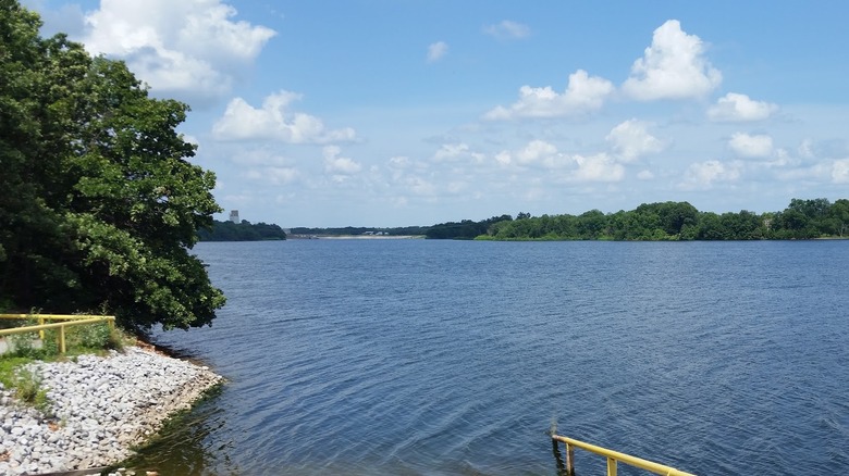 View of the lake and surrounding greenery from the SWEPCO Lake Public Boat Ramp in Gentry, Arkansas