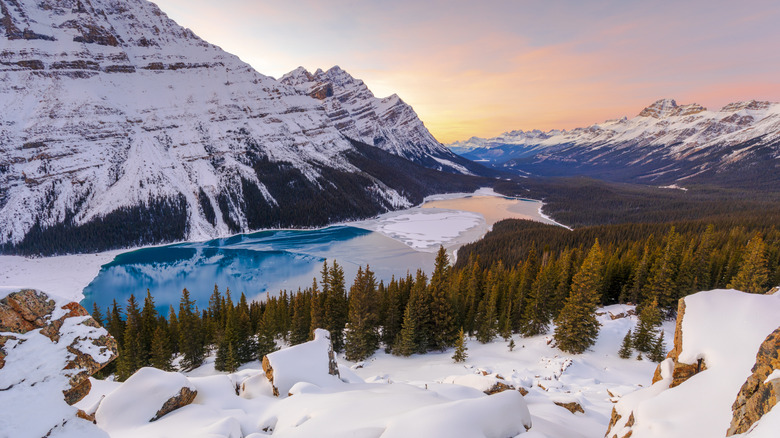 Aerial view of half-frozen Peyto Lake in the winter