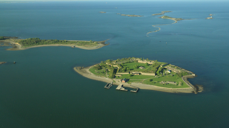 An aerial view of Fort Warren on Georges Island near other Boston Harbor islands.
