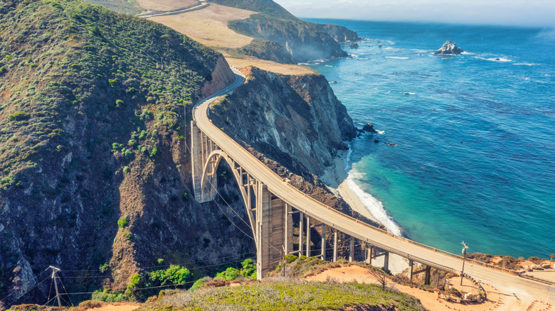 Aerial view of Big Sur's Bixby Bridge looking south