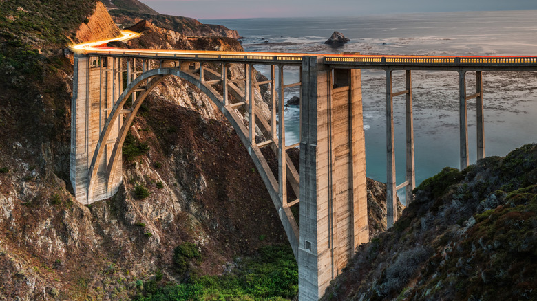 Close-up aerial view of the arch span of Bixby Bridge in Big Sur