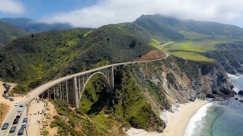 Wide aerial view of Bixby Bridge with scenic turn-off points