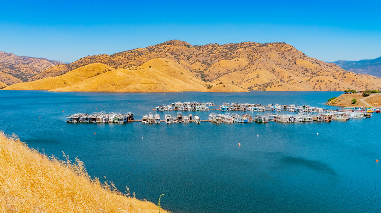 Houseboats lined up along a dock on Lake Kaweah