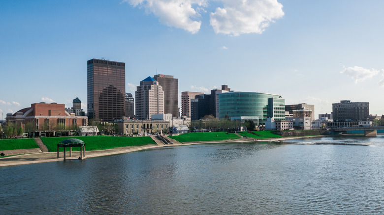 RiverScape MetroPark in Dayton, Ohio, with cityscape behind it