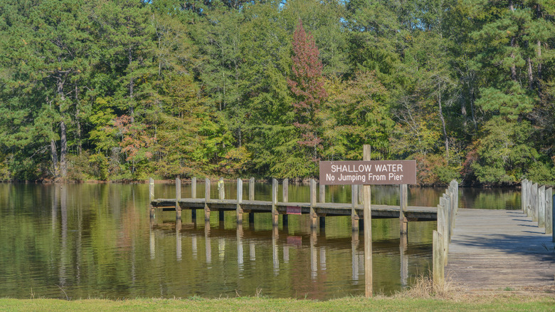 pier where a nearby sign reads Shallow Water No Jumping From Pier