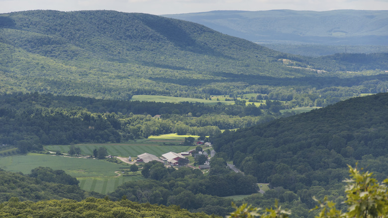 Aerial view of Norfolk, Connecticut with farms and mountains in the distance.