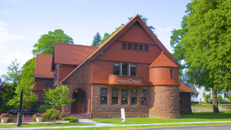 Street view of The Norfolk Library surrounded by large trees during the day.