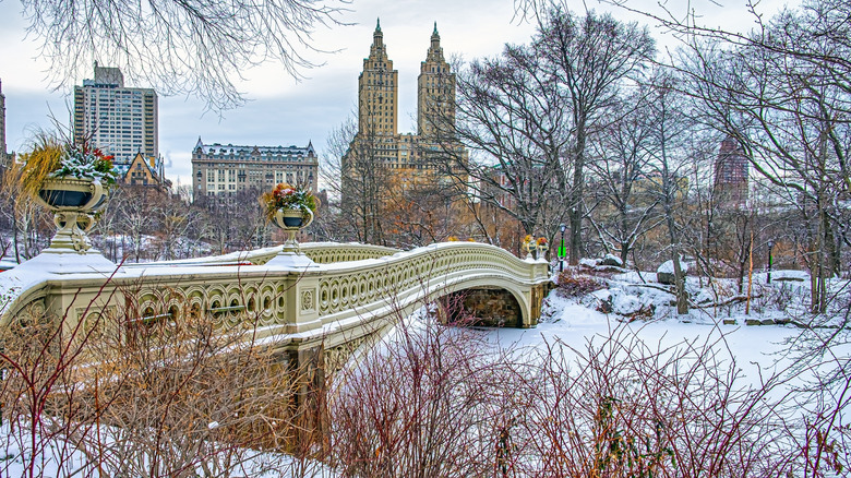 Bow Bridge in Central Park with snow and buildings in the background