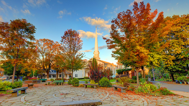 Colorful trees and stone benches fill an open area in the town of Woodstock, New York