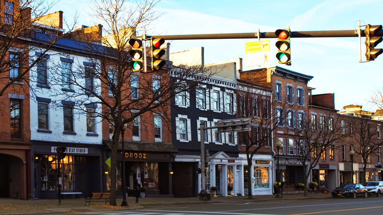 Shops and boutiques along East Genesee Street in the small upscale village of Skaneateles, New York