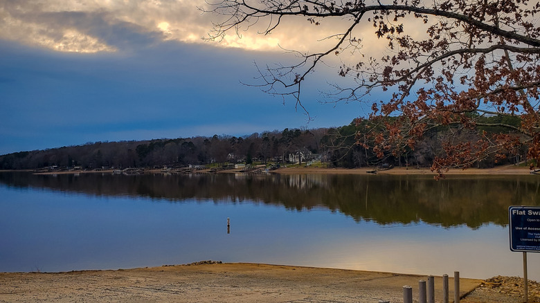 Lakeside view of High Rock Lake in North Carolina on a cloudy, autumn day.