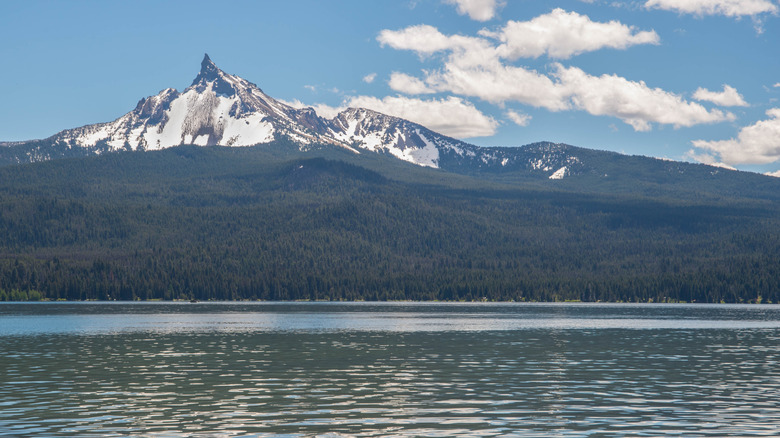 Snow-capped mountain above Oregon's Diamond Lake