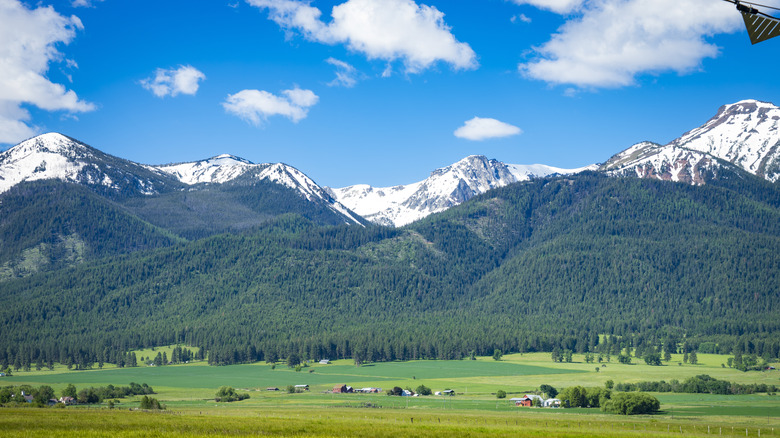 Wallowa Mountain Range surrounded by farmland.