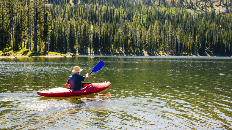 A person kayaking on a lake in the Pacific Northwest
