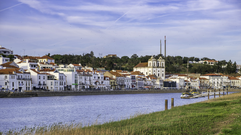 Town of Alcácer do Sal with white buildings along the river