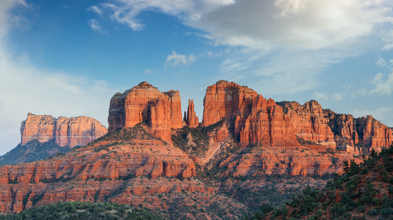 Sedona red rocks viewed from Red Rock State Park under blue skies