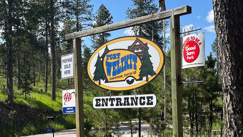 The entrance sign to Fort Welikit Campground