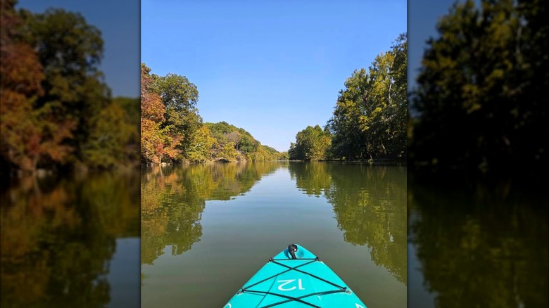 kayak in the water surrounded by trees, Lake Springfield Park and Boathouse, Missouri
