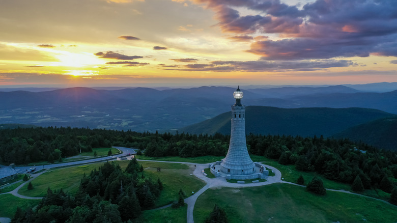Aerial view of Veterans War Memorial Tower on top of Mt. Greylock at sunset