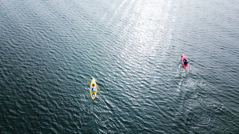 Aerial view of two people kayaking on Lake Murray near Lexington, South Carolina.