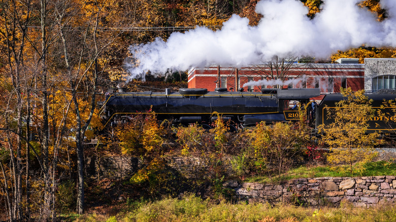A train passing a town with fall foliage