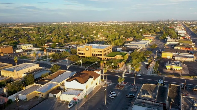 Aerial view of buildings and trees in Pharr, Texas