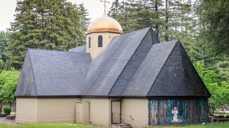 Church exterior with gabled roof in Ben Lomond, California