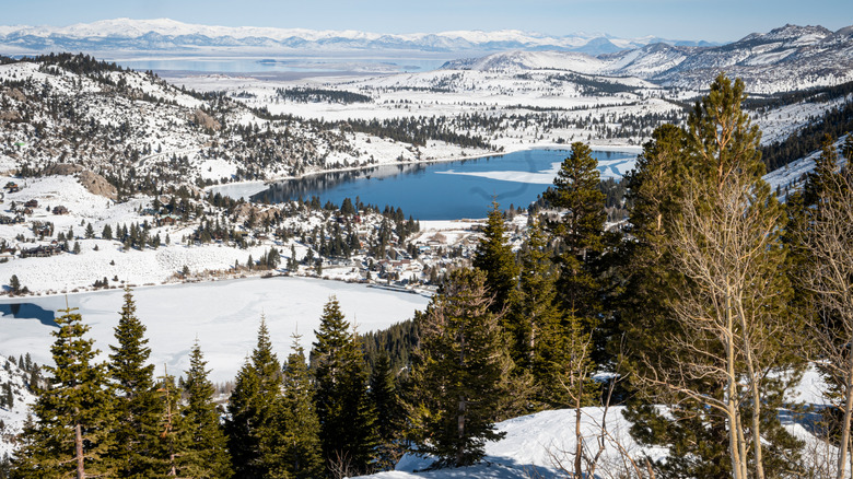 Snow blankets the Sierra Nevada mountains around Gull Lake, California