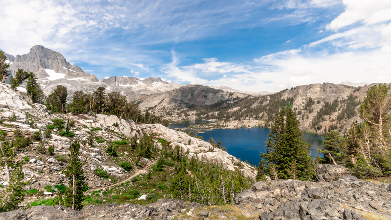 Garnet Lake sits between rocky ridges peppered with evergreen trees