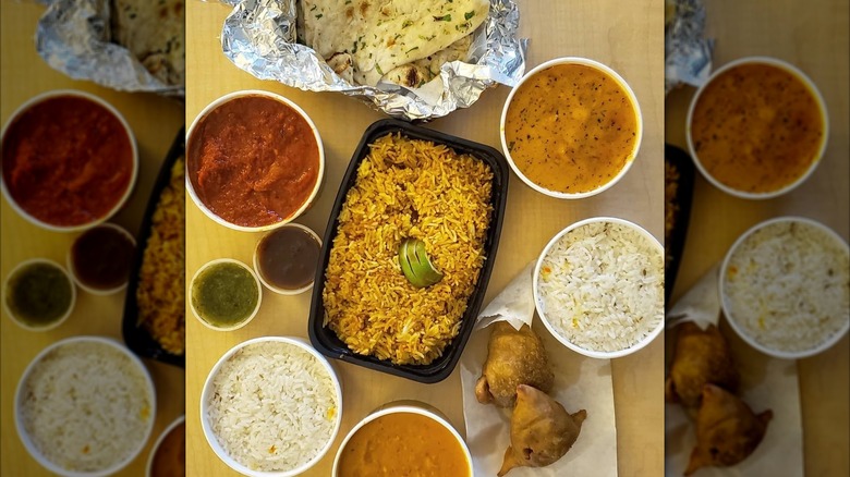 Rice, curries, and samosas from Bombay House in Provo, Utah