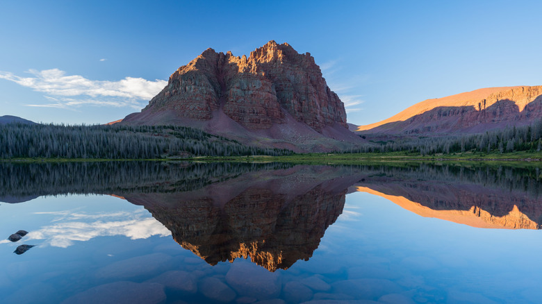 Red Castle Peak reflecting in water with blue sky