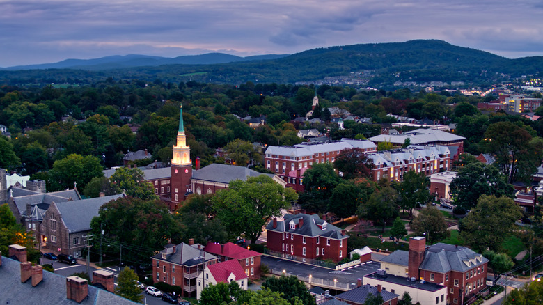 Aerial view of Charlottesville, Virginia, in the evening