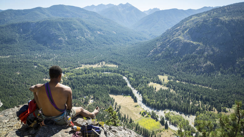 A person looking out over the forest in Mazama, Washington, from the top of a muontain