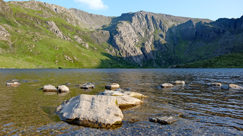 Rocks pop up from the surface of Llyn Idwal