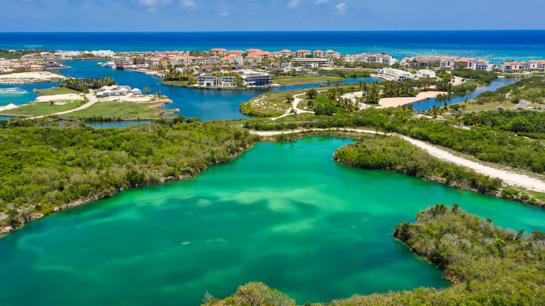 Aerial view of Cap Cana area resorts, beaches, and lagoons.
