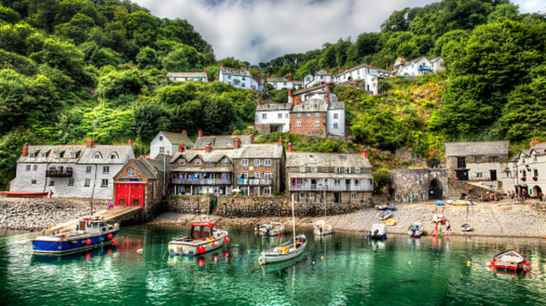 Homes on the water surrounded by trees in the village of Clovelly in western Devon