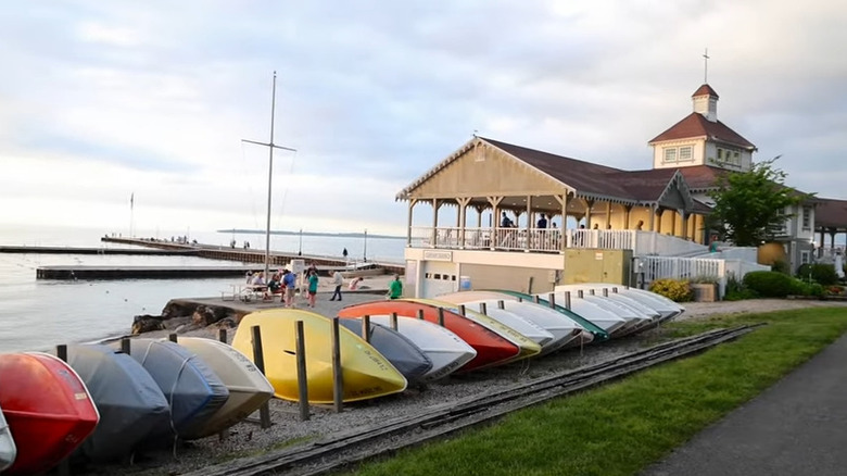 Kayaks stored by the waterfront