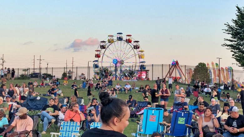 A Ferris wheel and people at the Festival of the Lakes